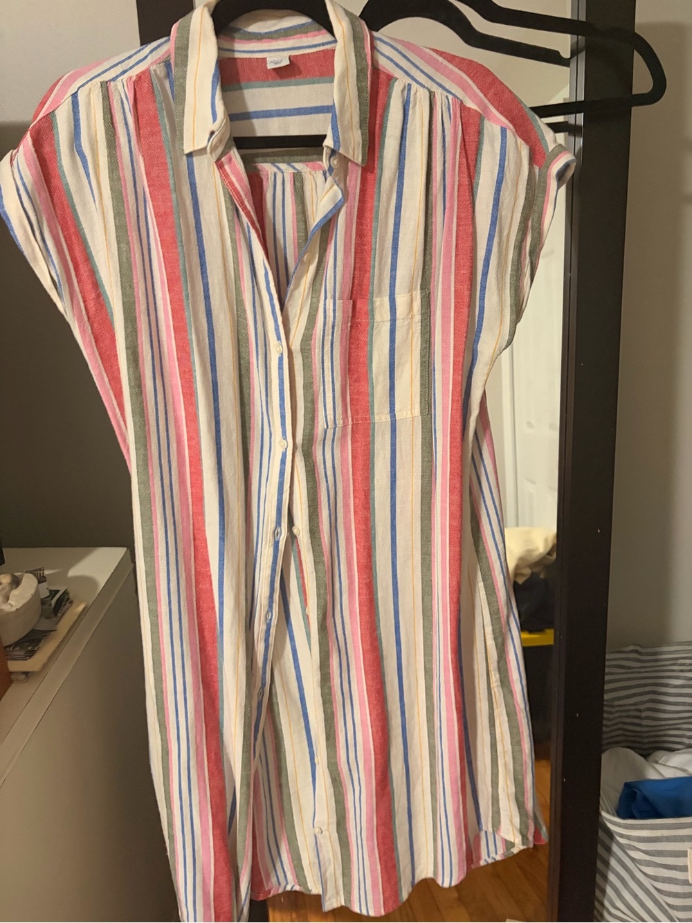 Short-Sleeve Button-Up Stripe dress in Red, Blue & Tan, linen & modal blend